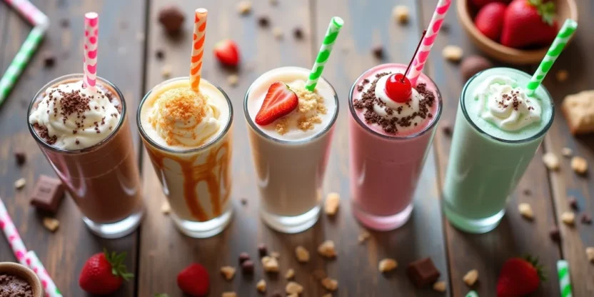 Assortment of five milkshakes in different flavors—chocolate, vanilla, strawberry, peanut butter, and mint chocolate chip—garnished with whipped cream and toppings.