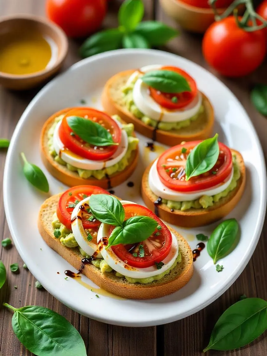 Avocado Caprese crostini with tomato, mozzarella, and basil on toasted bread, drizzled with balsamic glaze on a white serving plate.