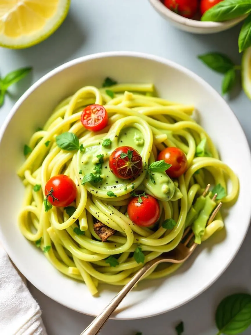 Pasta with creamy avocado sauce and roasted cherry tomatoes, garnished with herbs on a white plate in a bright, fresh setting.