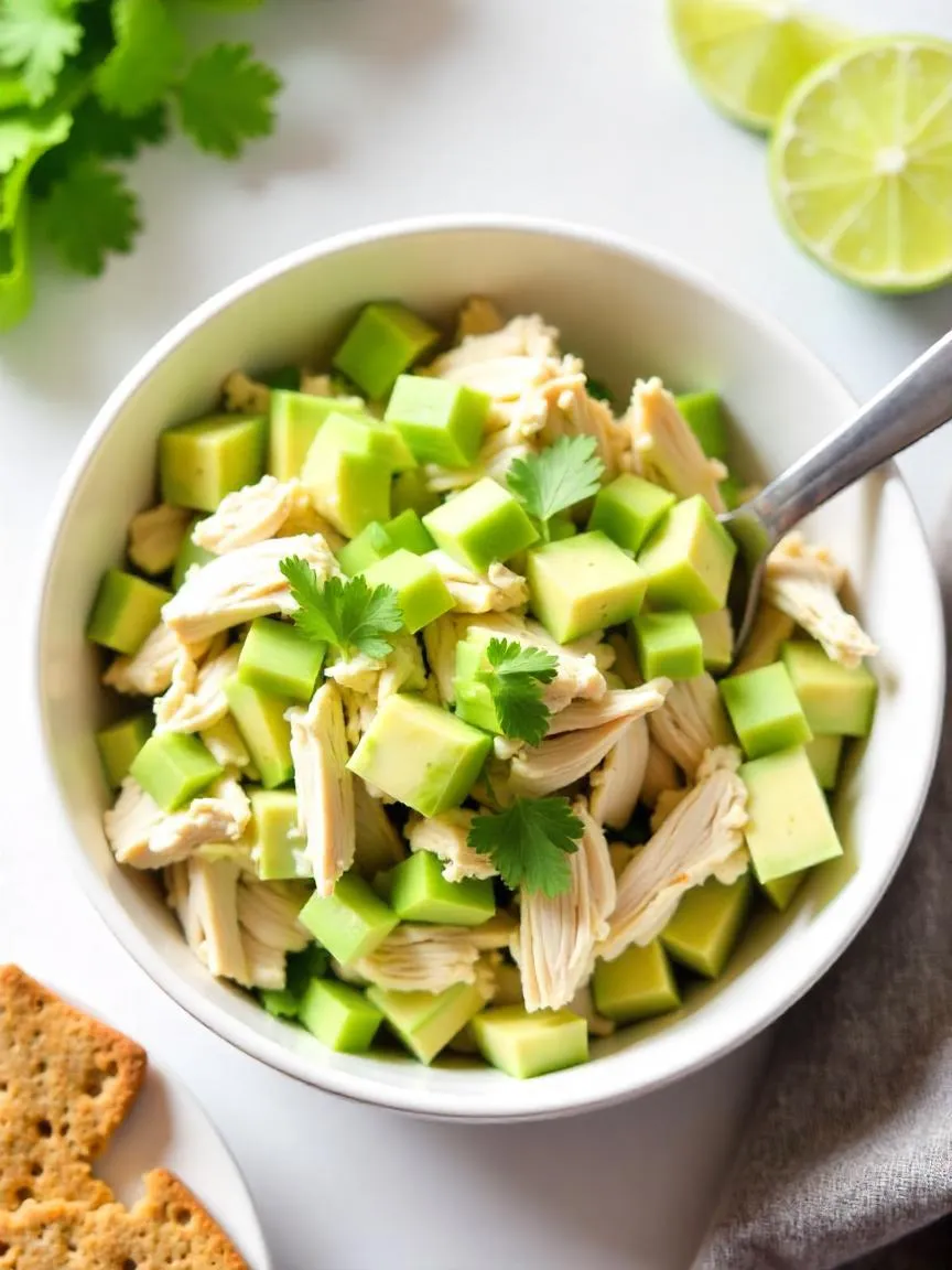 Bowl of avocado chicken salad with Greek yogurt, celery, and herbs, served with lime wedges and whole-grain bread on a clean, light background.