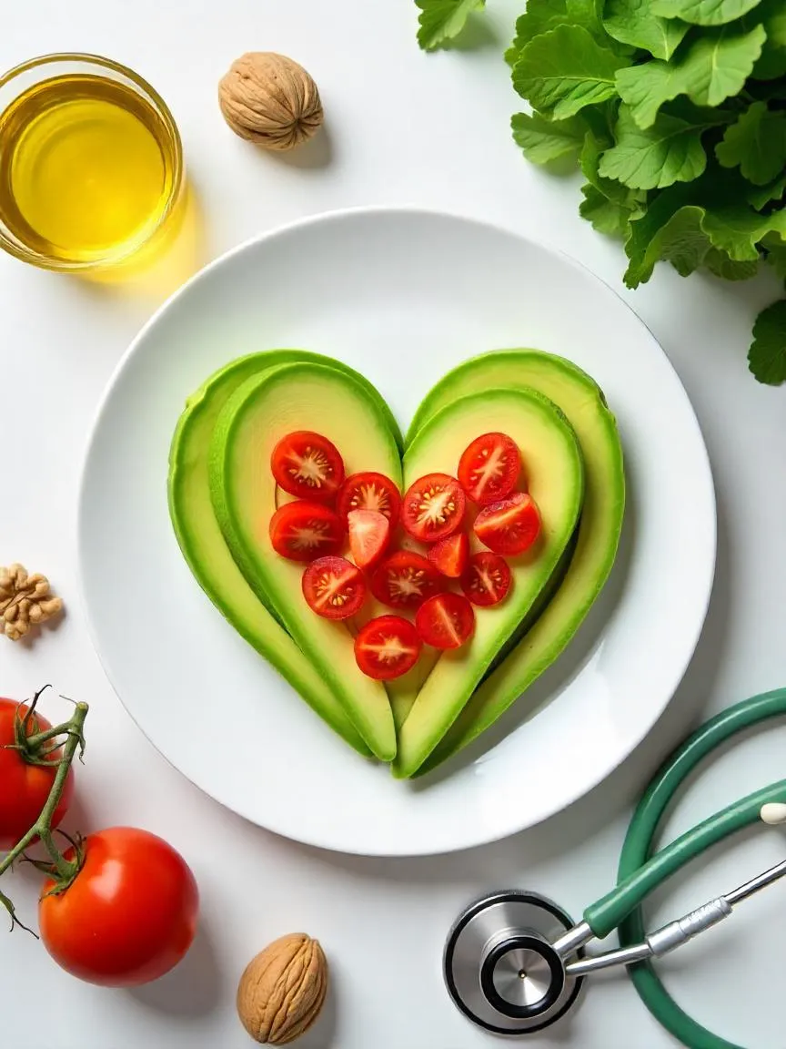 Heart-shaped avocado slices on a plate with heart-healthy foods like olive oil, tomatoes, and greens in a bright, clean layout.