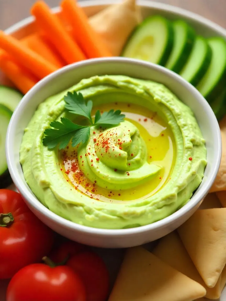 Bowl of avocado hummus topped with olive oil and herbs, served with veggie sticks and pita chips on a bright, fresh background.