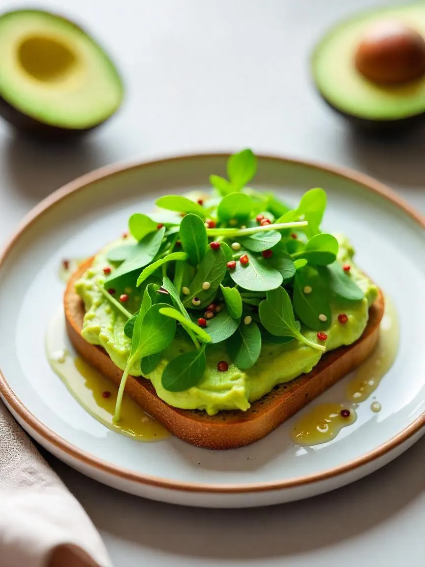 Avocado toast topped with fresh microgreens, sesame seeds, and olive oil on a ceramic plate in a bright, clean setting.