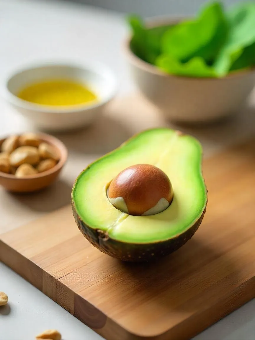 Sliced avocado with seed on a cutting board, surrounded by nutrient-rich ingredients like nuts, greens, and olive oil.