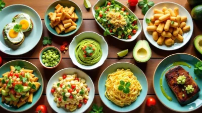 Top view of a table with 10 vibrant avocado dishes, including avocado toast, pasta, salad, salsa, and fries, surrounded by fresh ingredients.