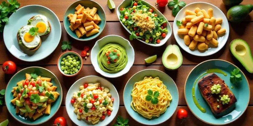Top view of a table with 10 vibrant avocado dishes, including avocado toast, pasta, salad, salsa, and fries, surrounded by fresh ingredients.