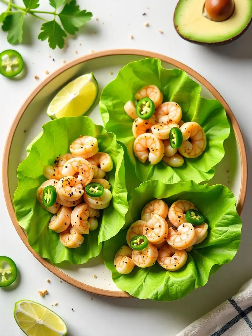 Avocado and shrimp lettuce wraps served on a wooden plate with lime wedges and jalapeño slices, perfect for a healthy summer meal.