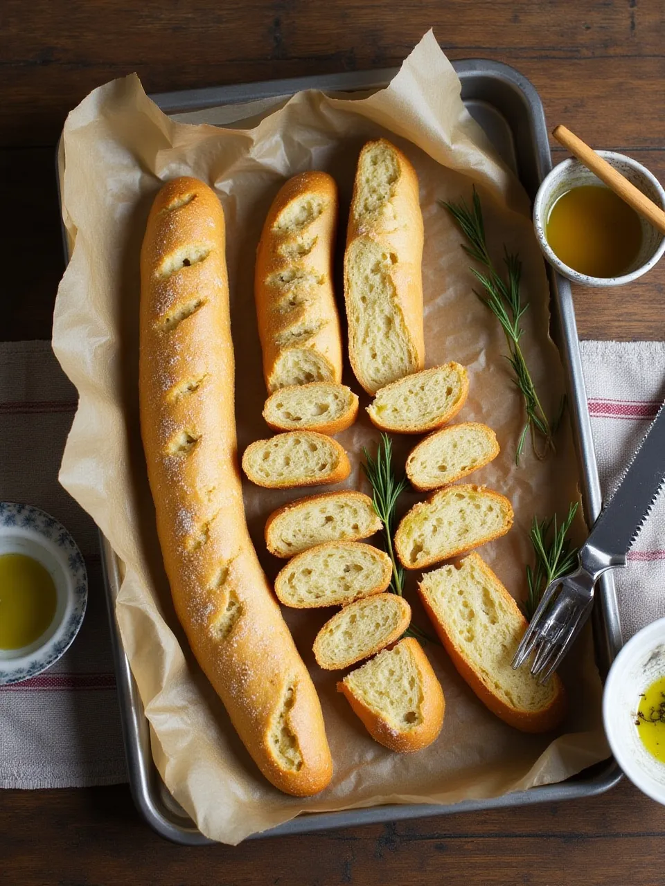 Baguette slices brushed with olive oil on a baking tray, ready to be toasted for crostini.