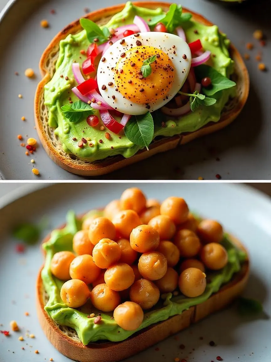 Flat lay of avocado toast topped with soft-boiled egg, pickled red onions, sesame seeds, and microgreens on sourdough