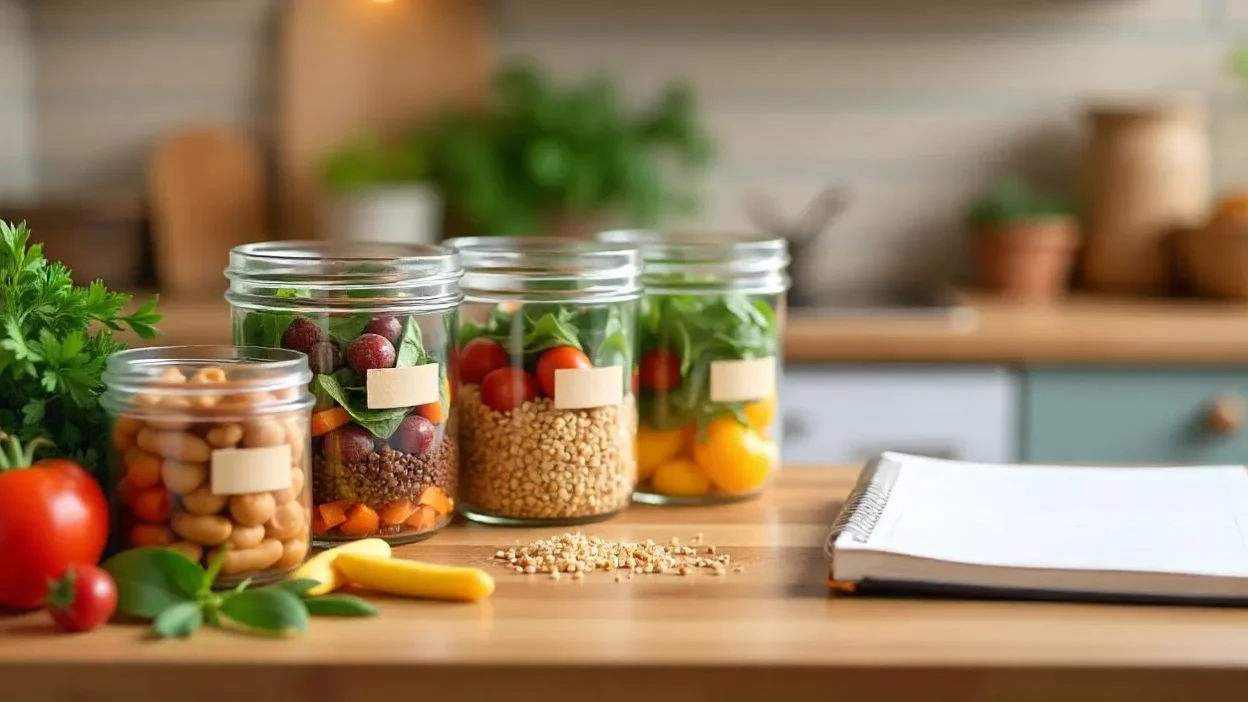Batch-cooked meals in labeled containers on a kitchen counter with fresh ingredients and a weekly meal plan in the background.