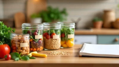 Batch-cooked meals in labeled containers on a kitchen counter with fresh ingredients and a weekly meal plan in the background.