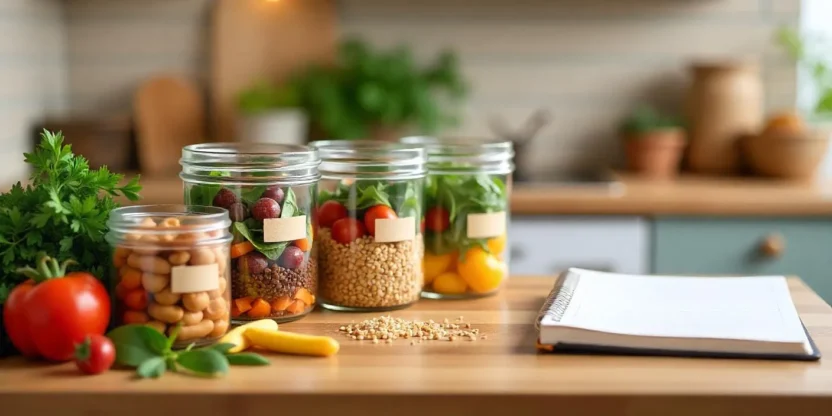 Batch-cooked meals in labeled containers on a kitchen counter with fresh ingredients and a weekly meal plan in the background.