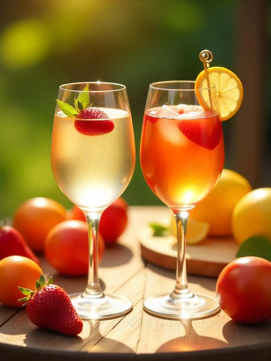 Bright summer wines poured into glasses, surrounded by fresh berries and citrus, showcasing the refreshing and lively qualities of perfect summer sips.