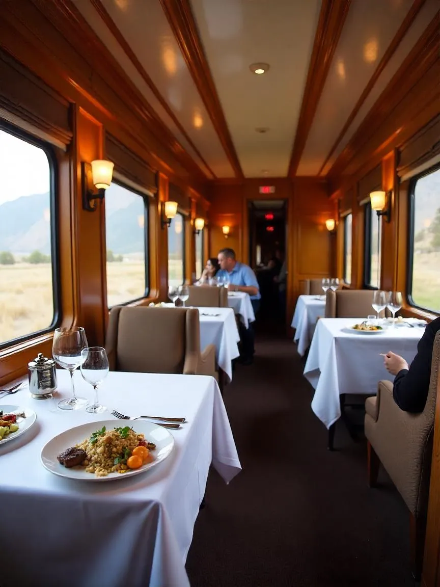 Dining car aboard the Belmond Andean Explorer with Andean views and upscale Peruvian cuisine.