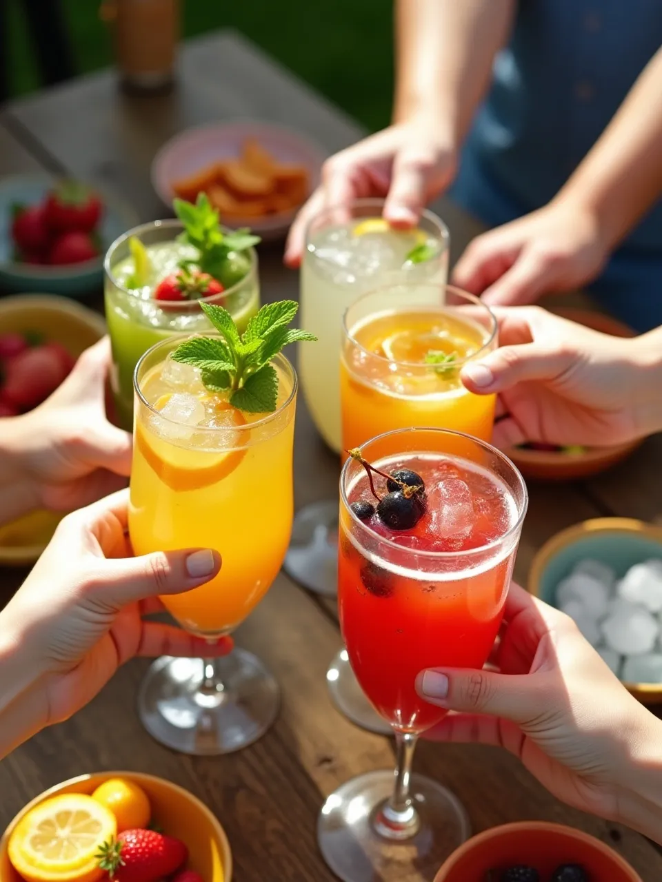 Friends enjoying colorful alcohol-free drinks with fresh fruit and herb garnishes in a bright, social setting.