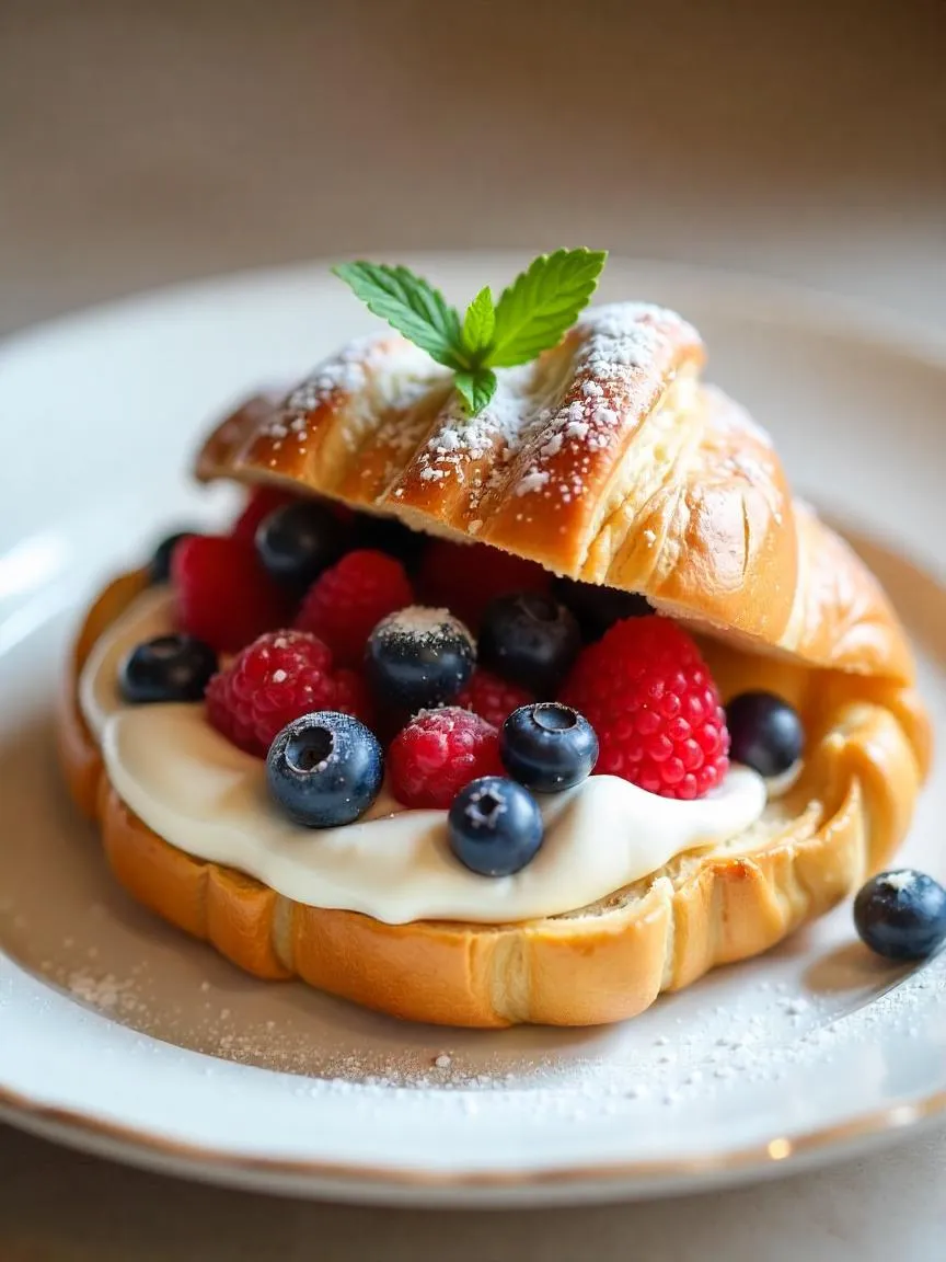 A croissant filled with whipped cream and fresh berries, garnished with mint and powdered sugar, served as a light, elegant dessert or brunch item.
