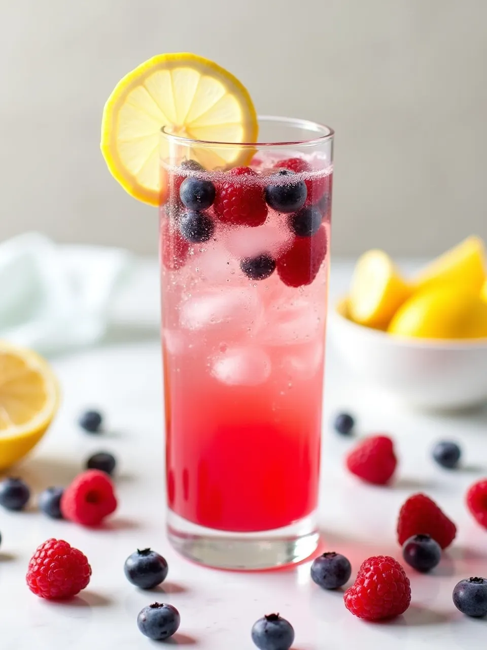 Berry lemon fizz mocktail in a glass with ice, fresh berries, and a lemon slice garnish.