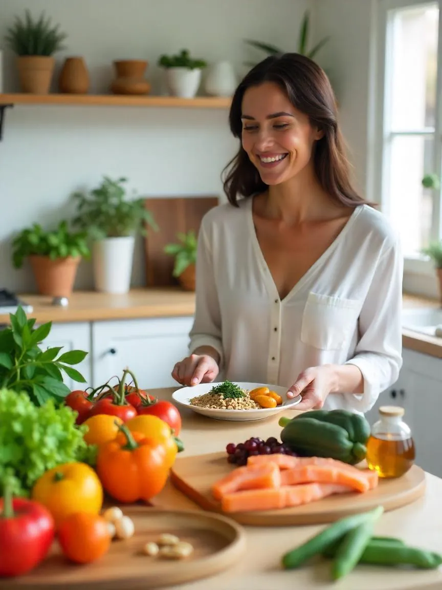 A person preparing a colorful, balanced meal with vegetables, whole grains, and healthy proteins, symbolizing a flexible and individualized approach to healthy eating.