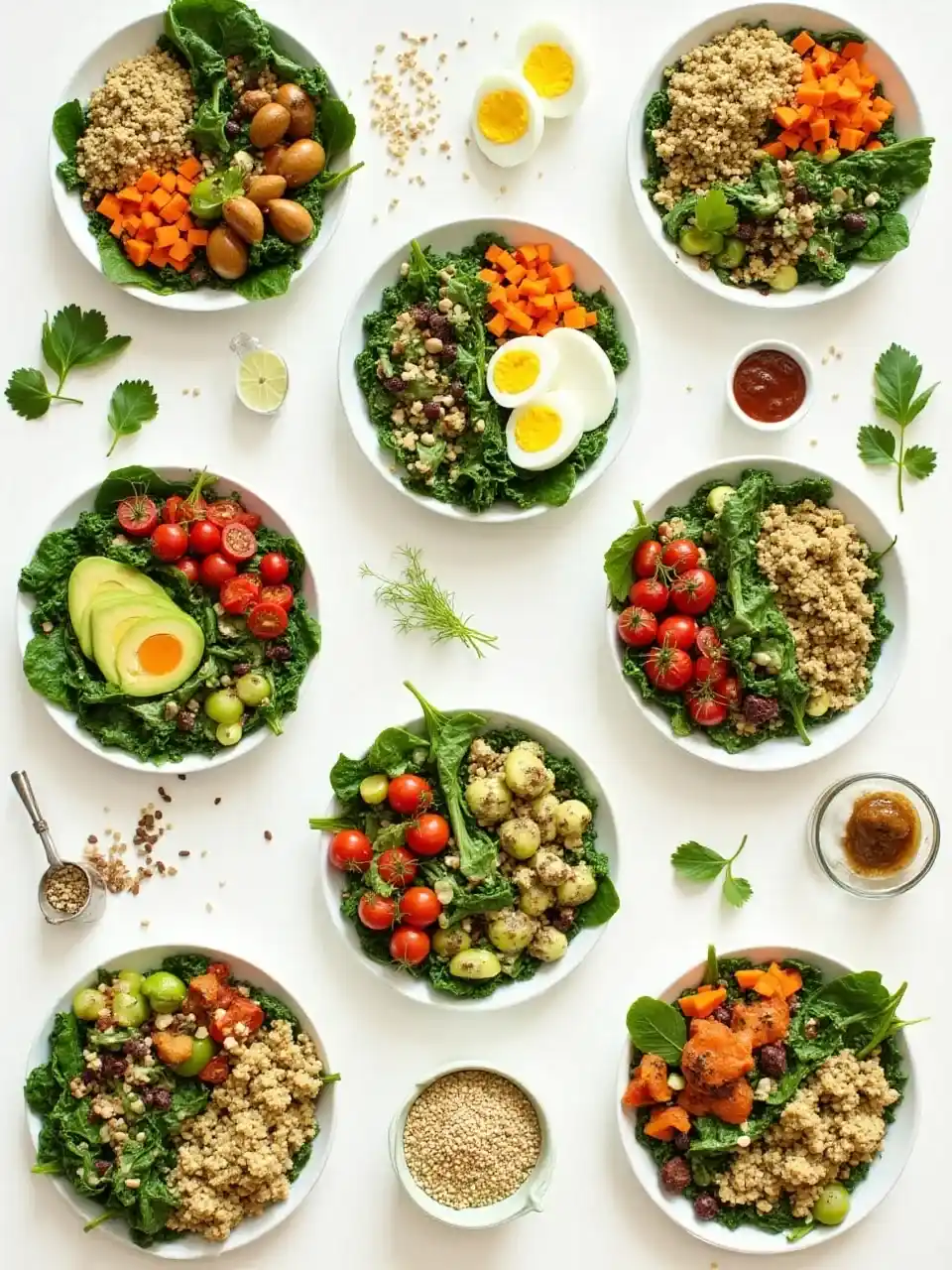 Collage of vibrant salads with greens, vegetables, fruits, and proteins, showing a variety of textures and colors.