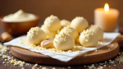 White chocolate Biscoff truffles with nuts on a wooden board.