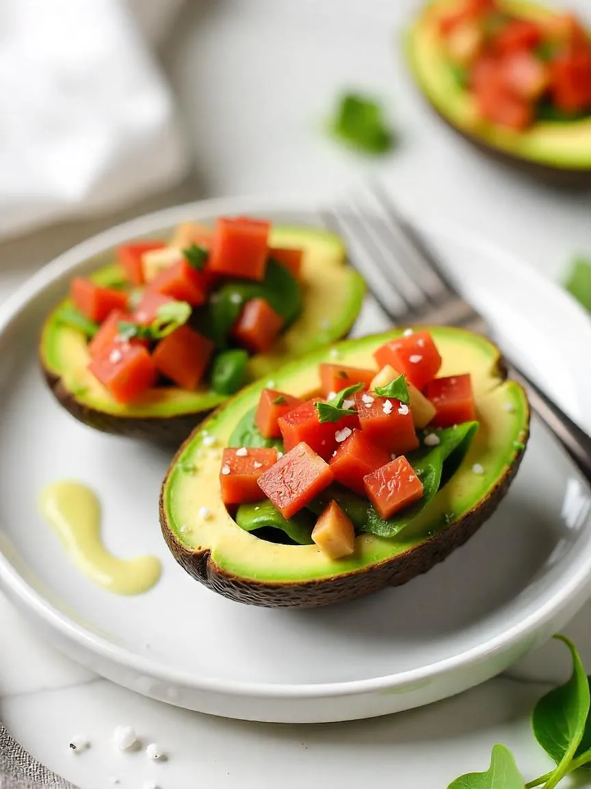 Avocado halves stuffed with bacon, tomato, and greens, served as a fresh and healthy low-carb BLT alternative on a clean plate.