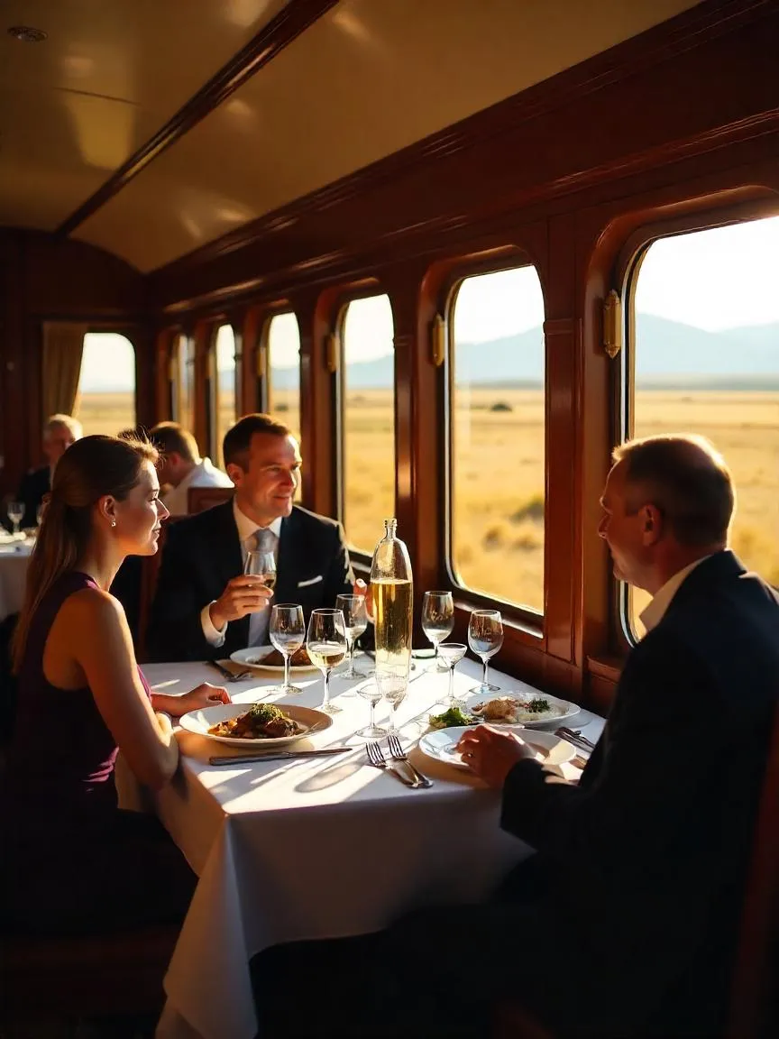Blue Train South Africa dining car with guests enjoying gourmet local cuisine.