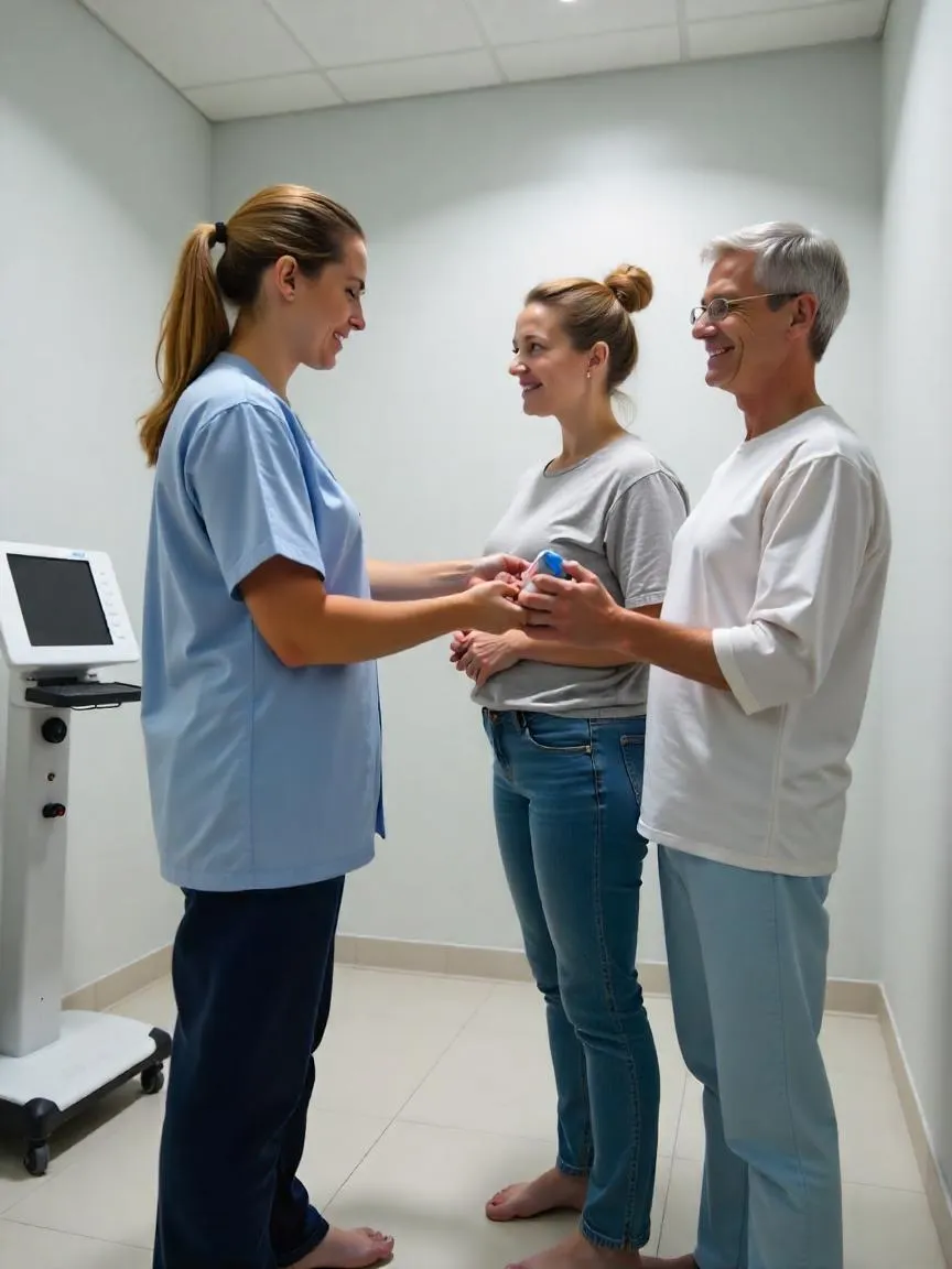 Health professional demonstrating various modern body fat measurement methods like calipers and body composition analyzers in a medical setting.