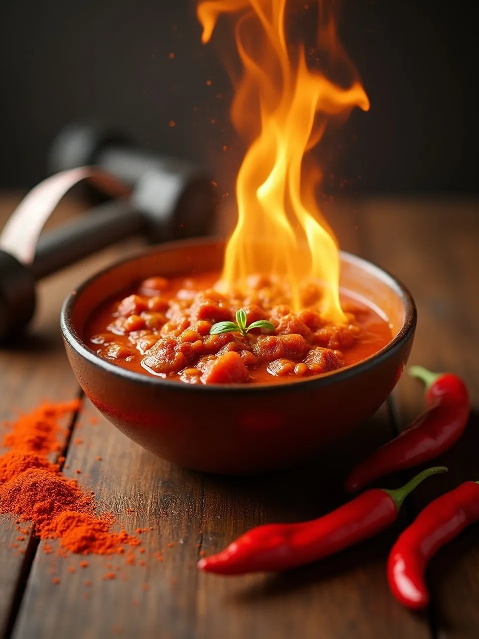 Spicy chili dish with fresh red peppers and cayenne powder, symbolizing metabolism boost and calorie burning benefits of spicy foods.