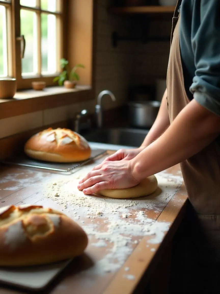 Person kneading dough in a sunlit kitchen with freshly baked rustic bread cooling nearby.