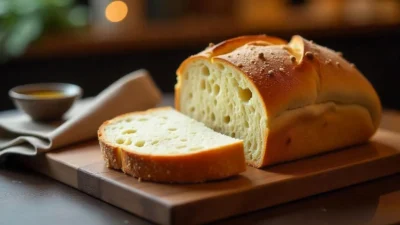 Freshly baked bread on wooden table with baking tools in cozy kitchen.