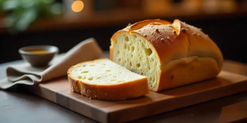Freshly baked bread on wooden table with baking tools in cozy kitchen.