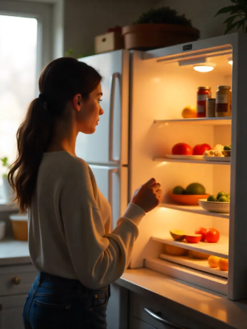 Person looking into an open fridge in the morning, surrounded by healthy breakfast ingredients and a cup of coffee.