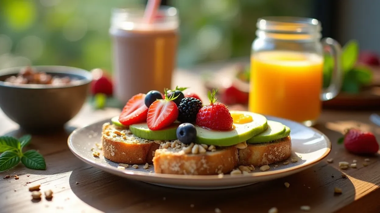 Healthy breakfast spread with avocado toast, eggs, berries, oats, nuts, and smoothies on wooden table.