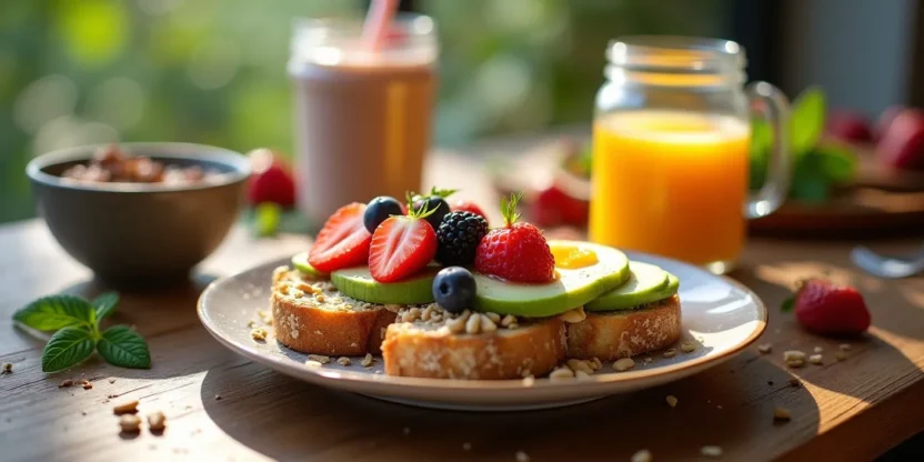 Healthy breakfast spread with avocado toast, eggs, berries, oats, nuts, and smoothies on wooden table.