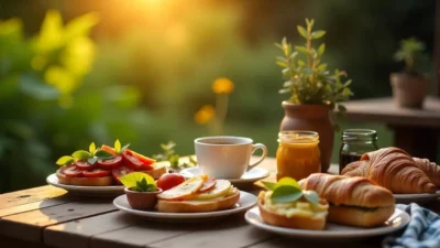 Cozy breakfast in a garden with classic dishes and fresh coffee surrounded by green plants and flowers.