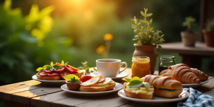Cozy breakfast in a garden with classic dishes and fresh coffee surrounded by green plants and flowers.