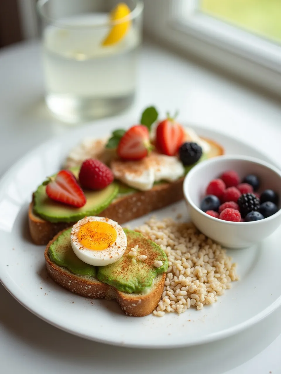 Balanced breakfast for weight management with oatmeal, avocado toast with egg, and Greek yogurt with berries.