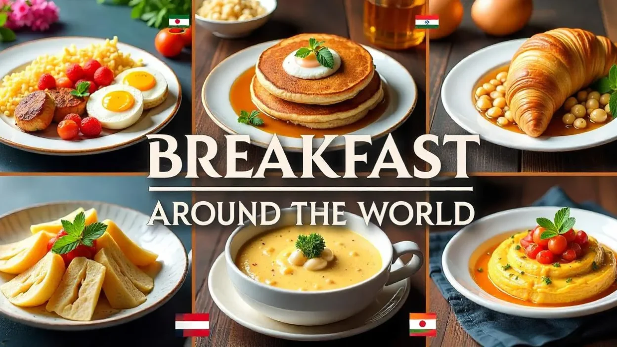 Colorful collage of global breakfast foods with country flags and “Breakfast Around the World” headline.