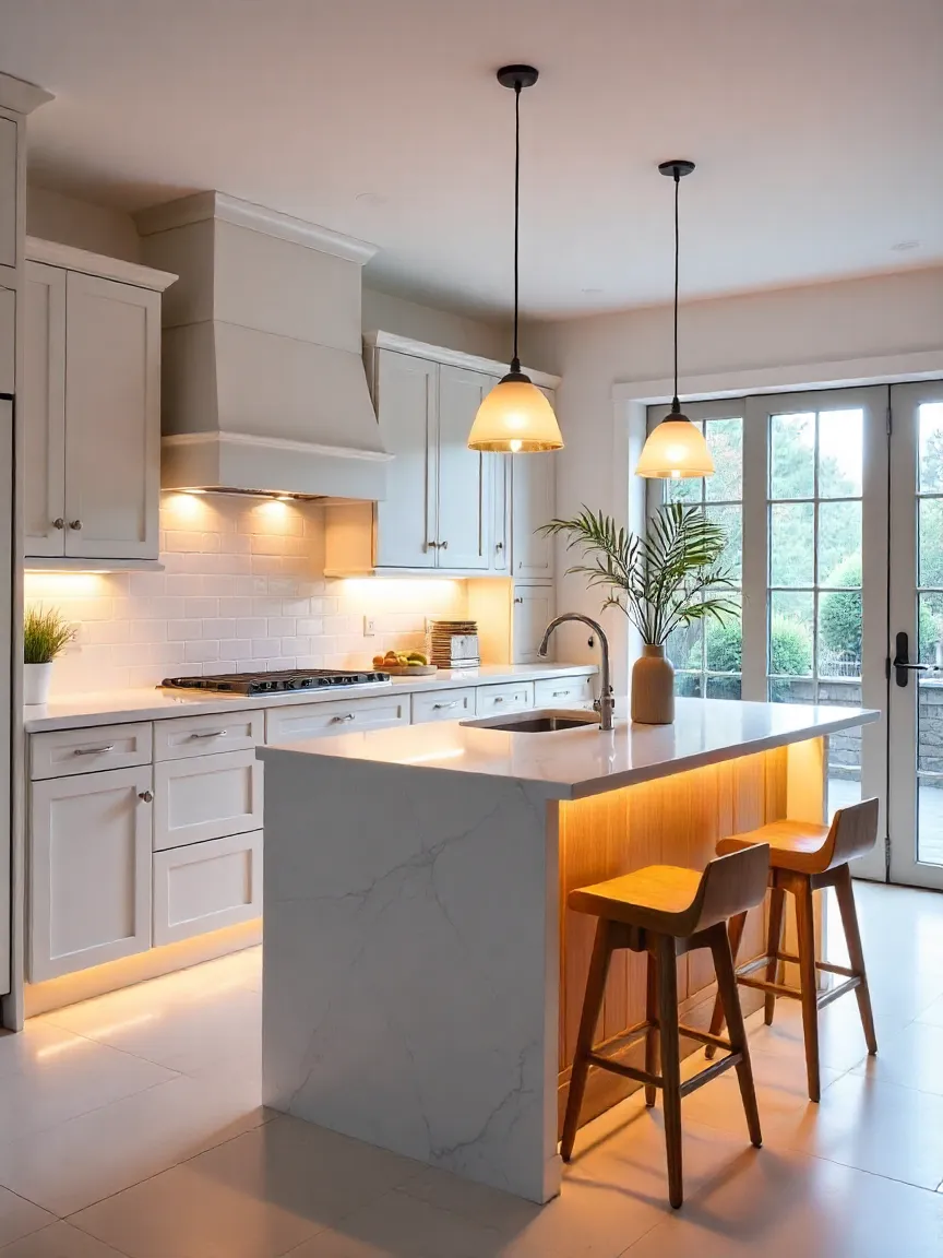 Modern kitchen with under-cabinet lighting, pendant lights, and bright natural light to create a spacious look.