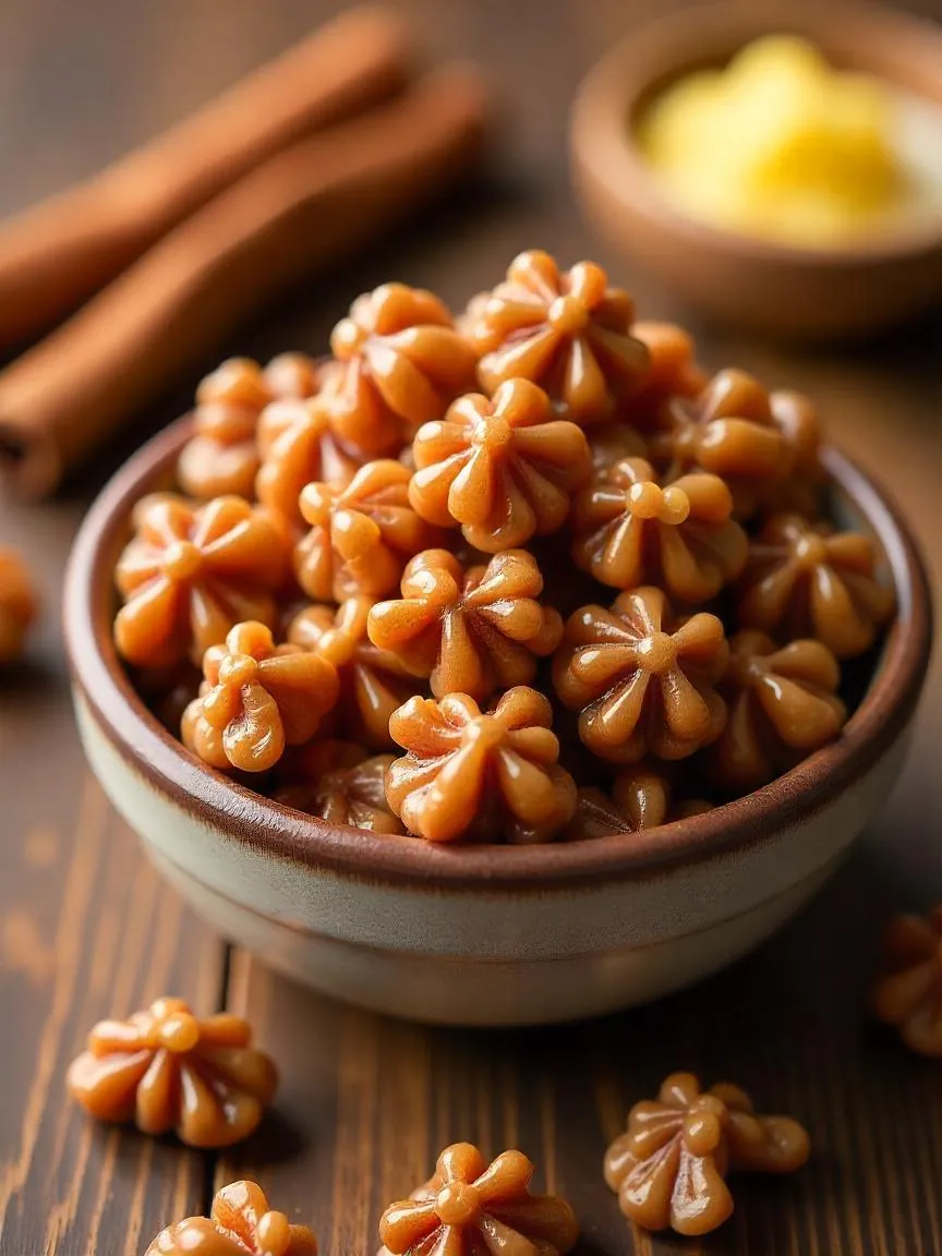 A bowl of glossy brown sugar candied walnuts with scattered pieces on a wooden table, showing their rich color and crunchy texture.