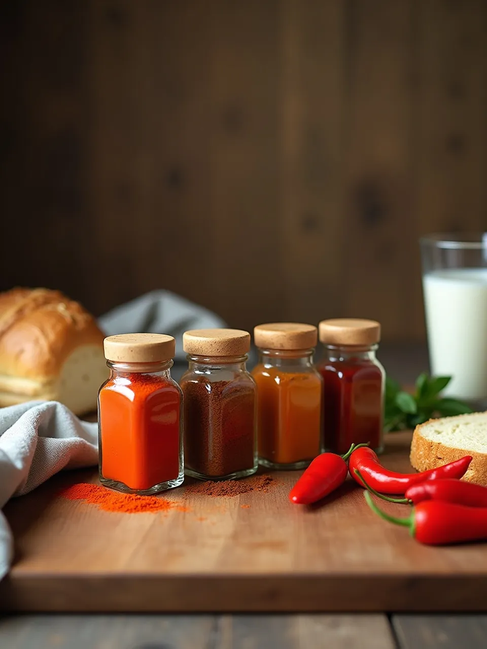Assorted spices from mild to hot arranged on a kitchen counter with milk and bread, illustrating tips for building spice tolerance safely.