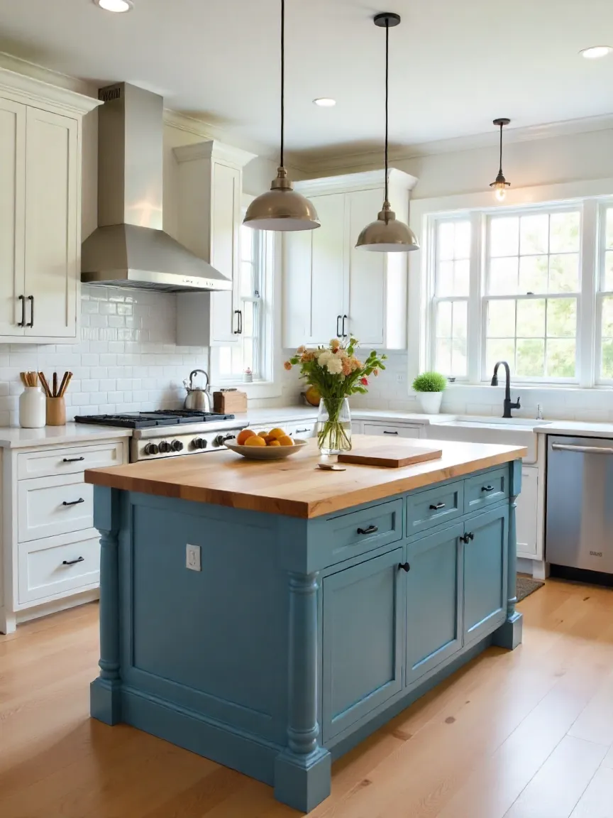 Farmhouse kitchen with a large butcher block island, white cabinets, pendant lights, and rustic-modern decor accents.