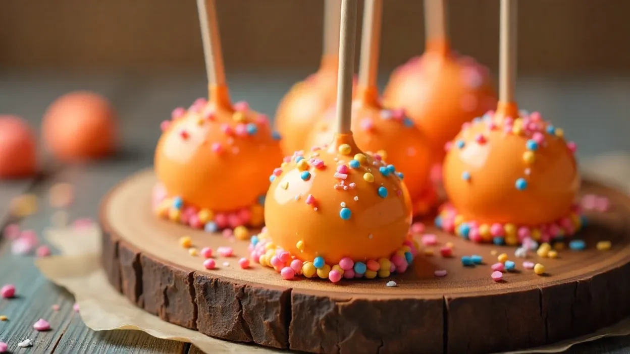 Colorful cake pops on a wooden board with sprinkles and candy coating