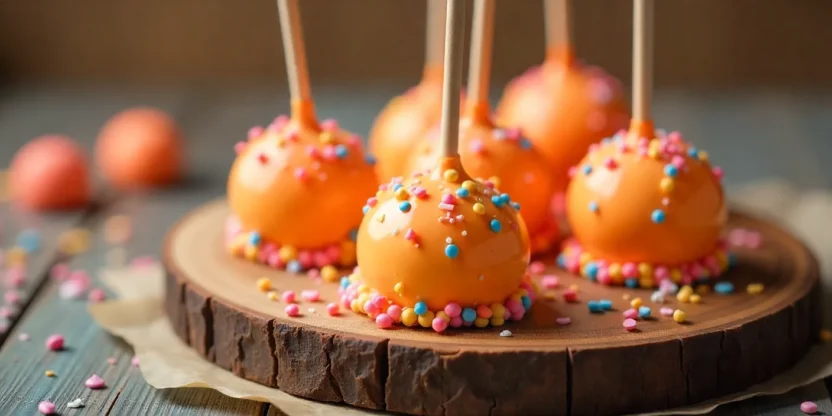 Colorful cake pops on a wooden board with sprinkles and candy coating