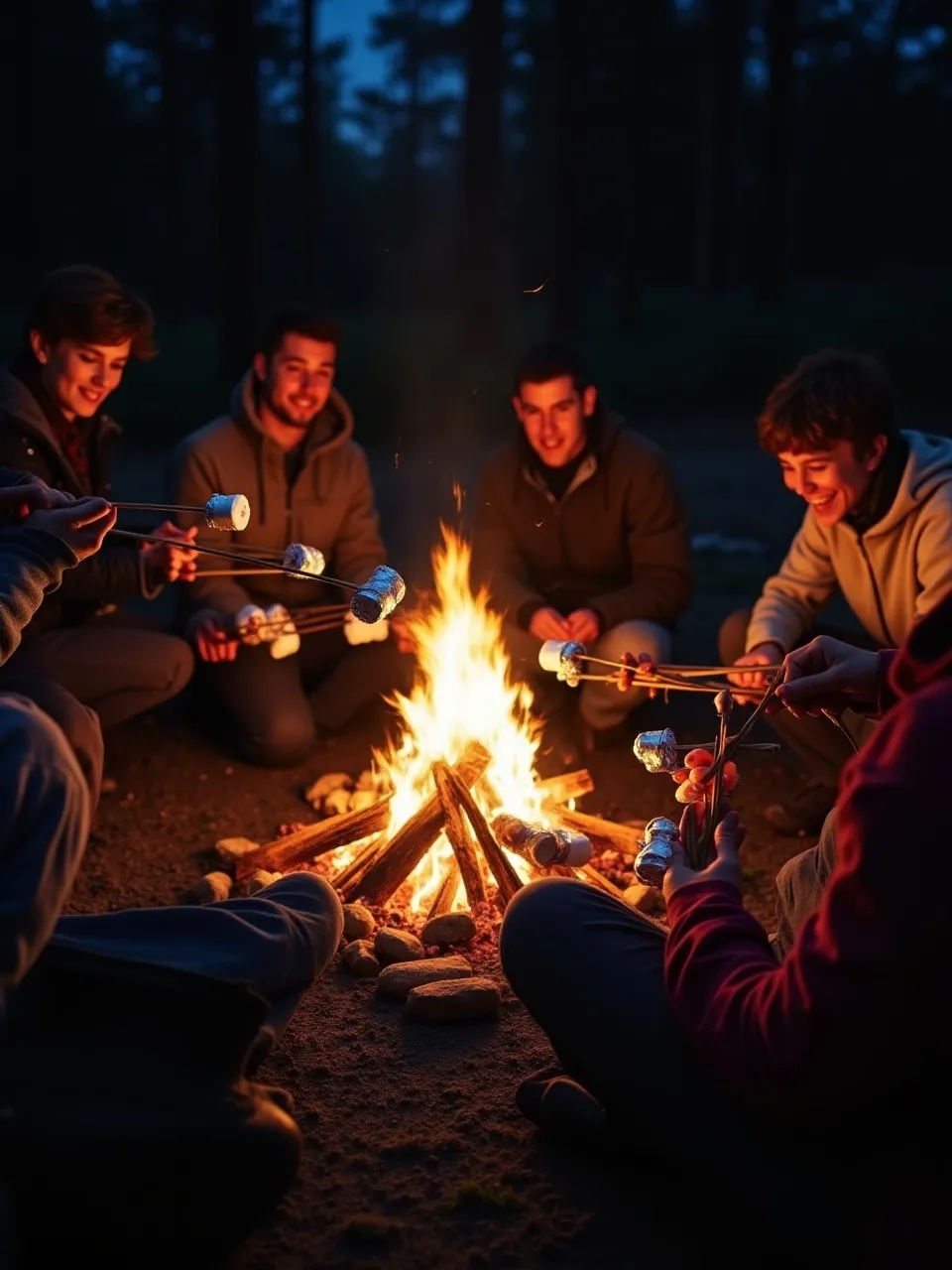 Campers making desserts over a glowing fire using skewers and foil packets, with marshmallows roasting and a Dutch oven in use nearby.
