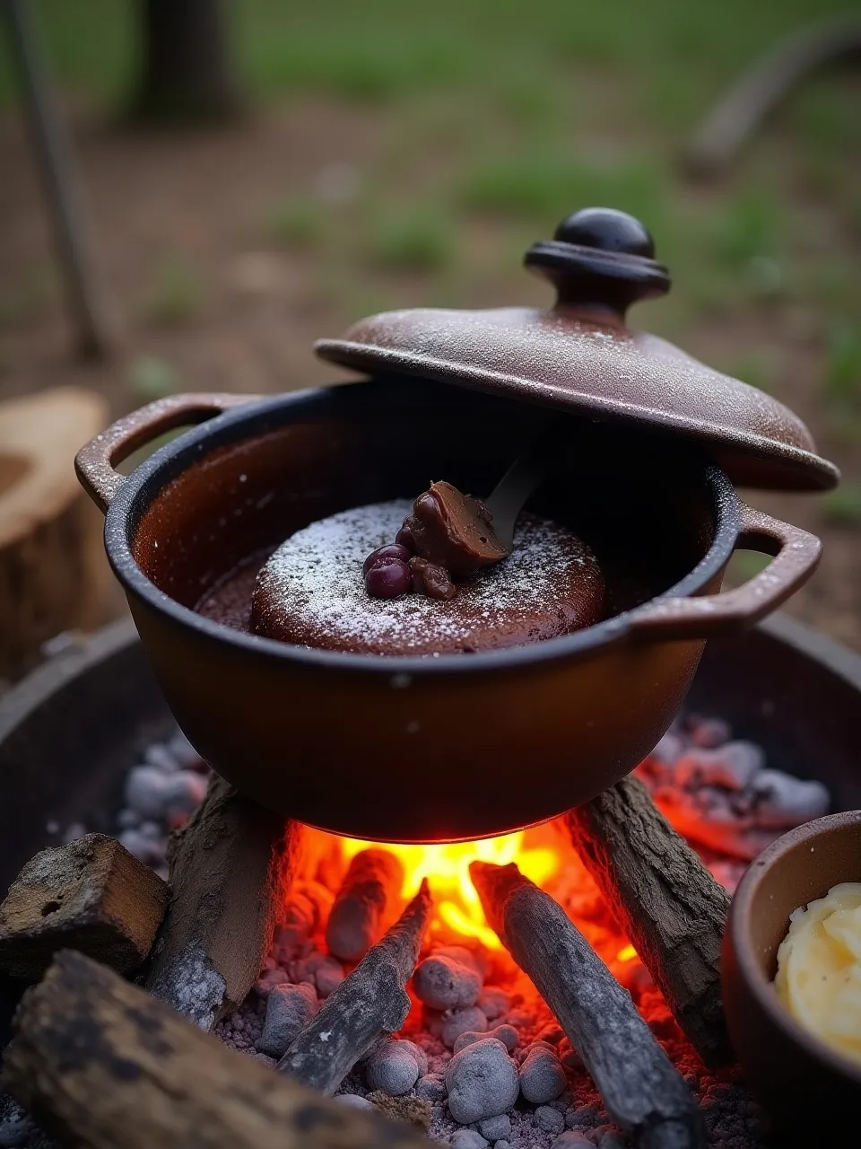 Dutch oven chocolate lava cake bubbling over a campfire with gooey center and rustic campfire setup.