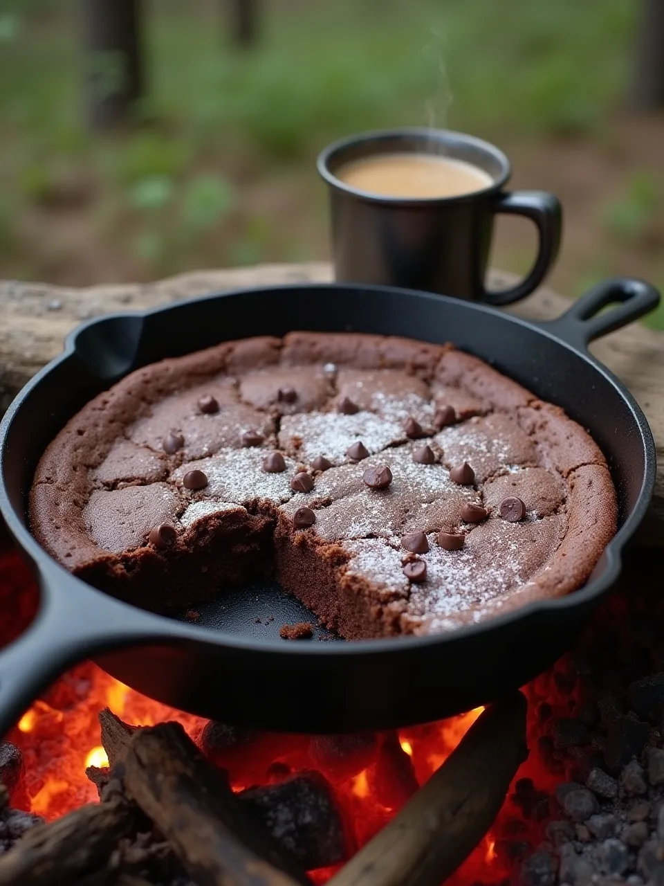 Campfire mocha brownies in a skillet with melted chocolate, served beside a coffee mug in a forest setting.