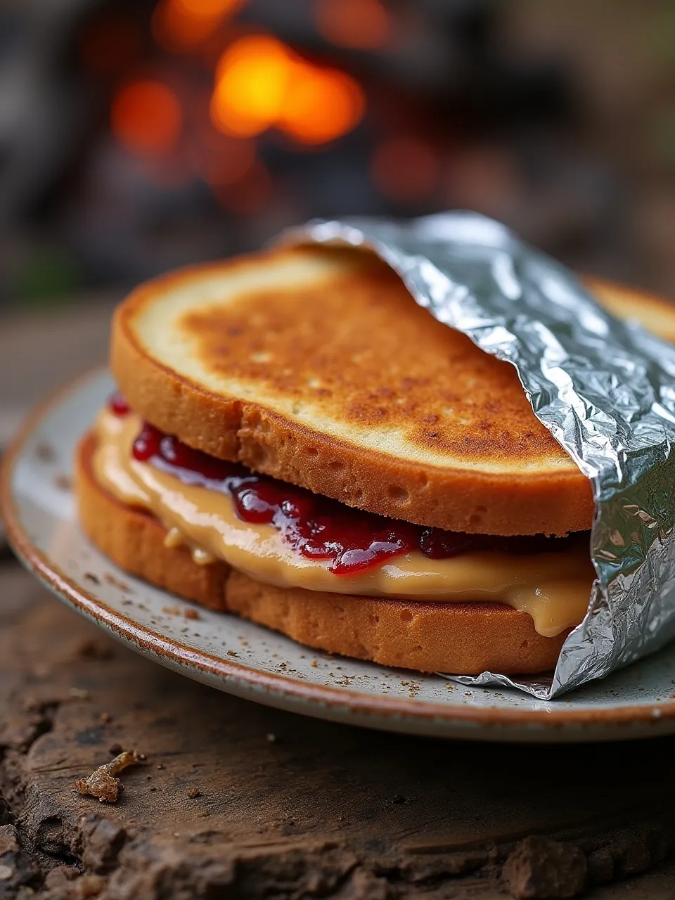 Toasted campfire peanut butter and jelly sandwich in foil with gooey filling, beside glowing campfire coals.