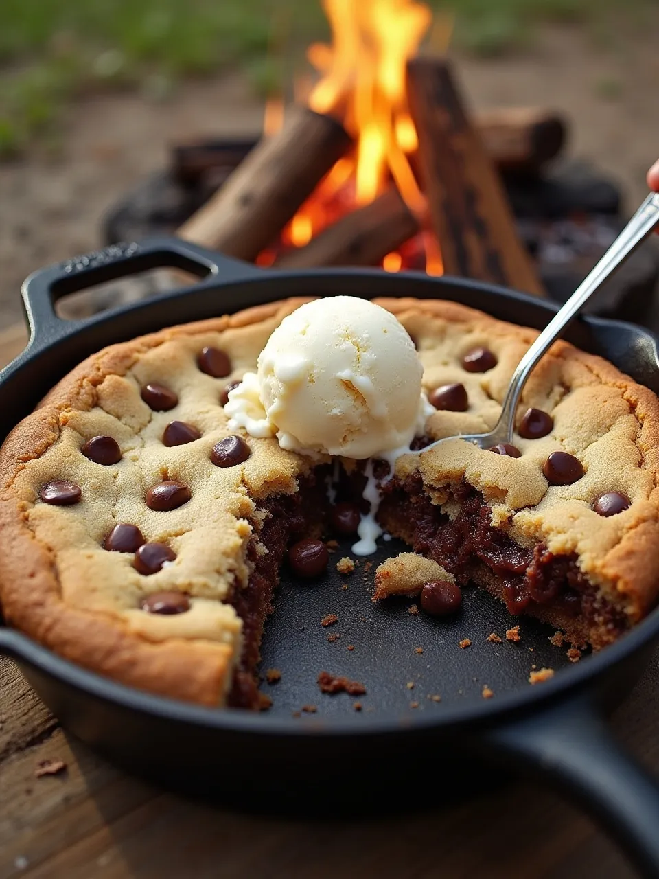 Skillet chocolate chip cookie baked over a campfire with gooey chocolate and crispy edges.