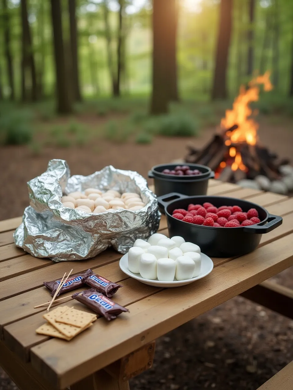 Camping dessert tools and ingredients like foil, skewers, chocolate, and berries arranged on a picnic table with a campfire in the background.